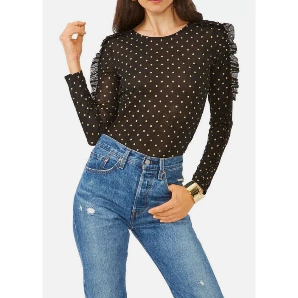 1.State Women's Black Gold Dot Sheer Long Sleeve Ruffle Seam Crewneck Top Size M
